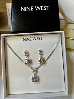 Nine West Silver-Tone Clear Crystal Necklace and Drop Earring Set
